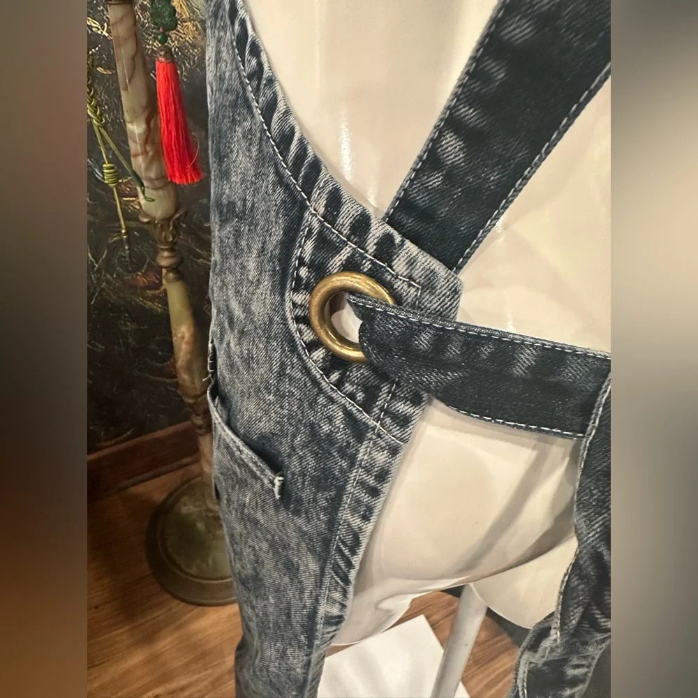 Jeanerlor Blue Acid Wash Denim Overalls Apron